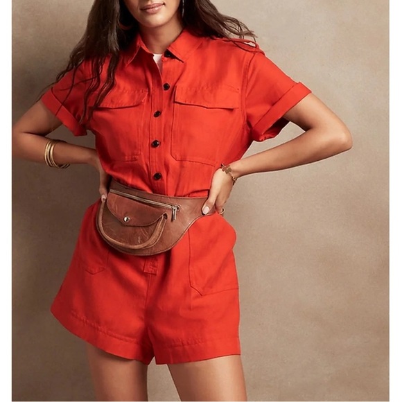LINEN BANANA REPUBLIC Utility Orange Women’s Romper Jumper SM Pockets Shorts EUC - Picture 1 of 14